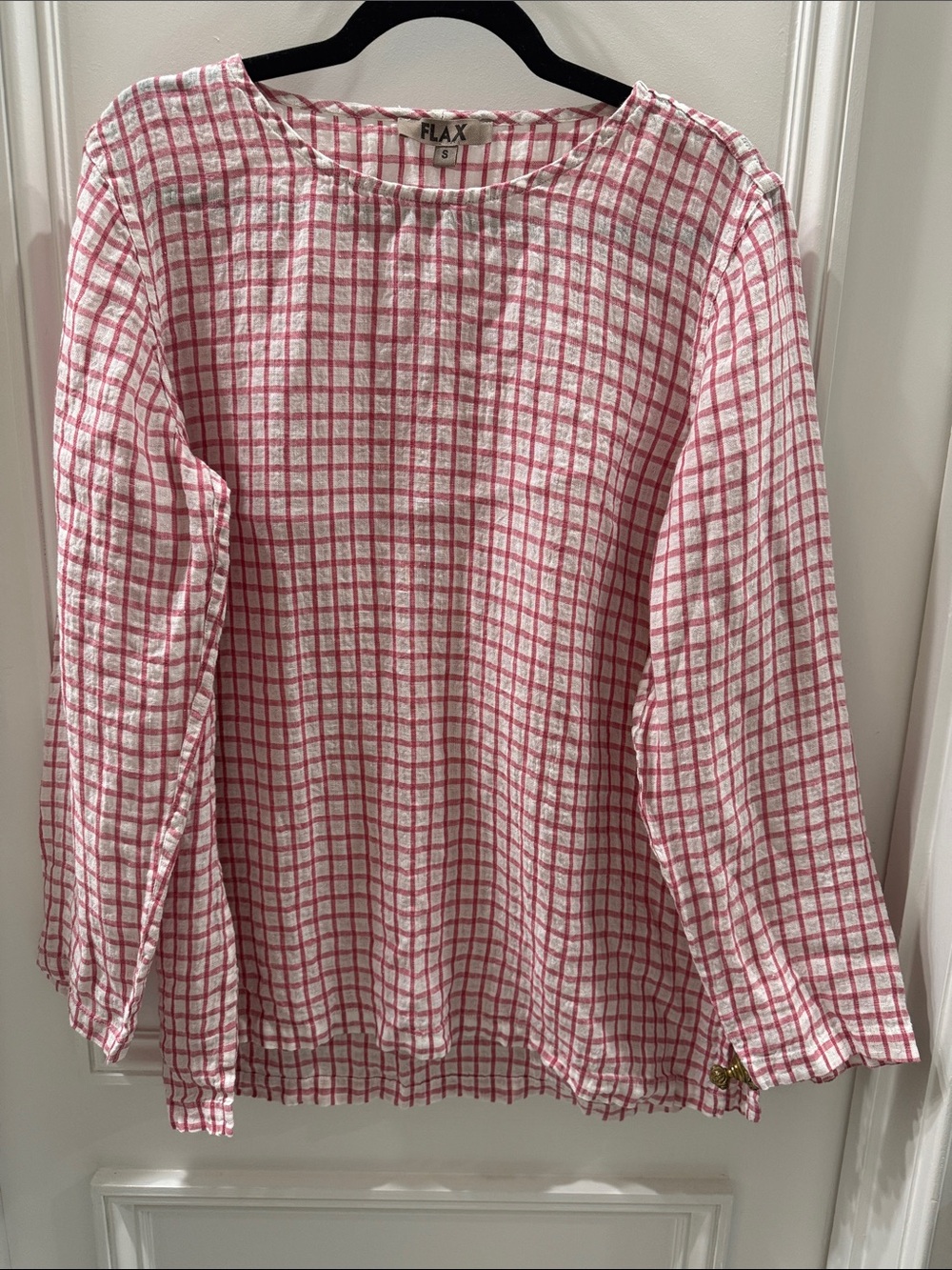 NWOT Flax White and Pink Checked Long Sleeve Linen Top - Small (173)